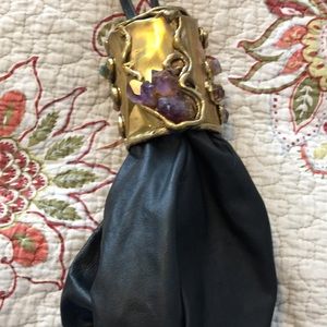 ART DECO Anthropologie leather brass stone drawstring bag